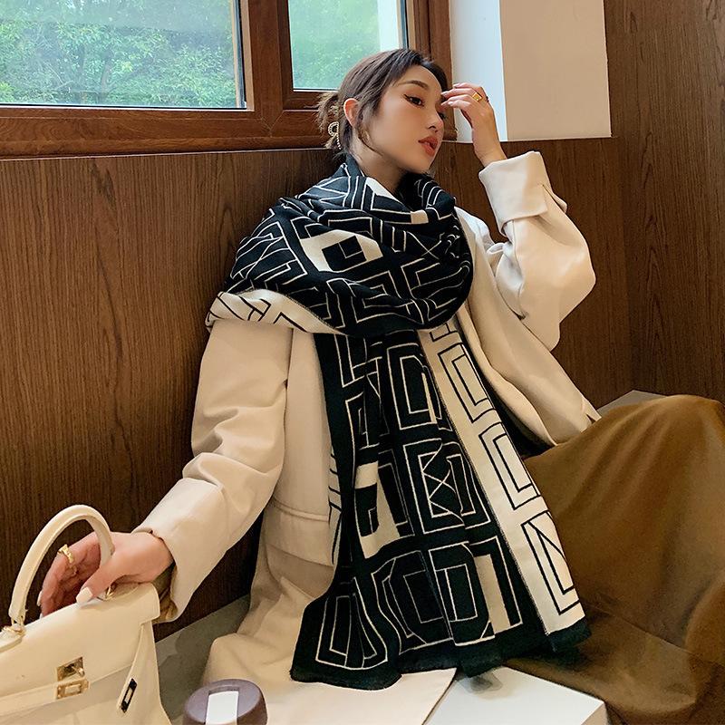 Korean Style Versatile Long Women's Air Conditioning Shawl Scarf Autumn and Winter Geometric Thickened Imitation Cashmere Scarf for Women