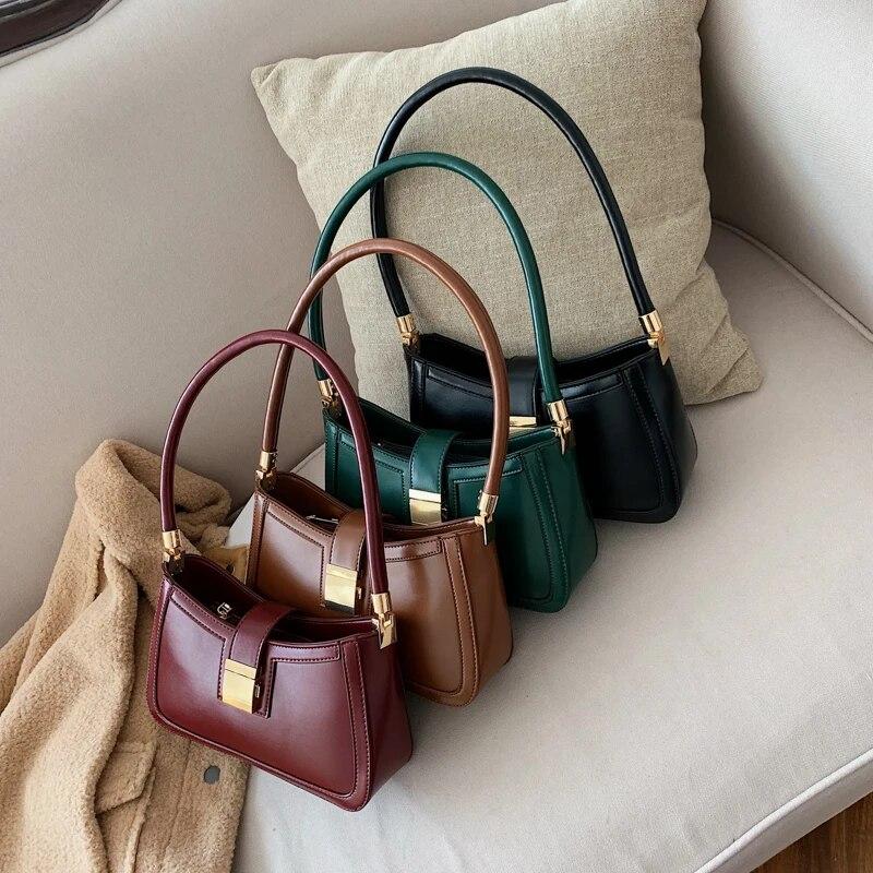 Shoulder Bags For Women Solid Color PU Leather 2024 Trend Lock Handbags Small Purse Hand Lady Designer Zipper Clutch
