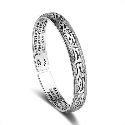 Buddhist Scripture Heart Sutra Silver Plated Bracelet Retro Thai Silver Six Character Mantra Bracelet Female Open Bracelet