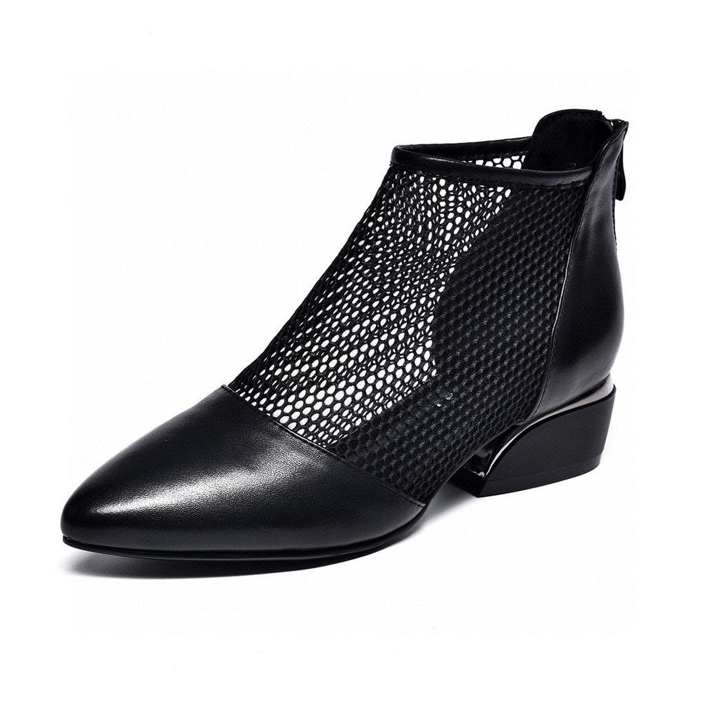 Pointed women's shoes spring new black first-layer cowhide mesh single shoes rear zipper women's fashion shoes