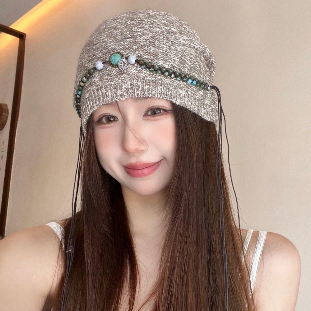 Ethnic Style Bohemian Beanies Hat Coldproof Jacquard Woolen Hat Casual Beaded Fringed Cap  Female