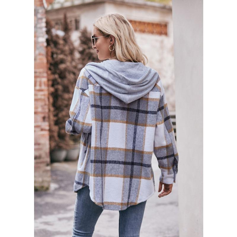 Autumn Winter Women Shirt Long Sleeve Blouse Hooded Jacket Casual Plaid Midi Shirt