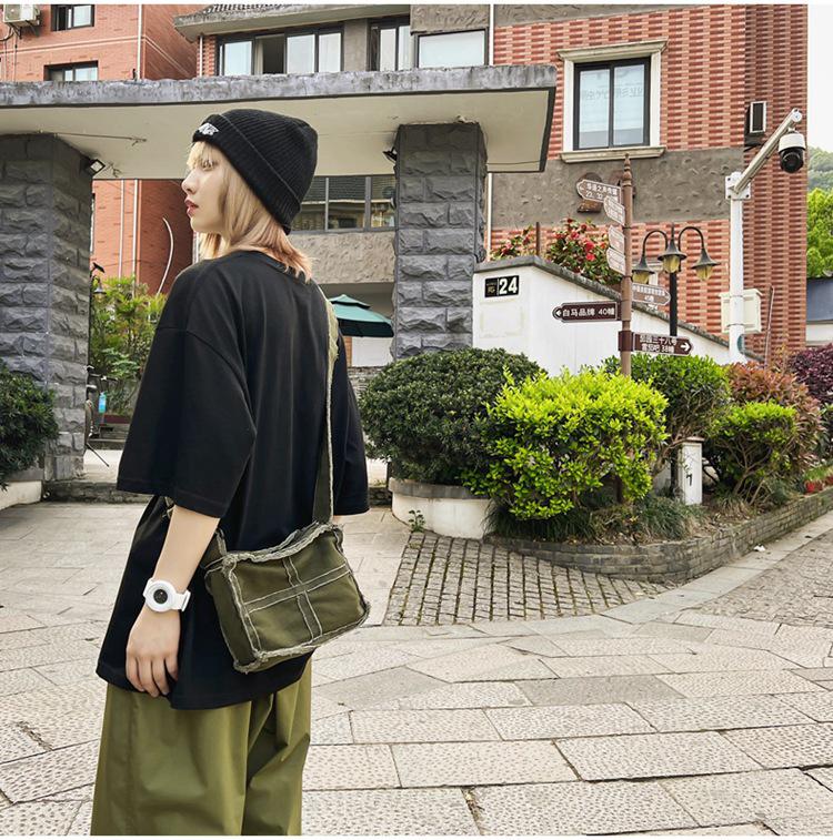 2024 Japanese Ins Canvas Retro Women's Shoulder Bag with Frayed Edges
