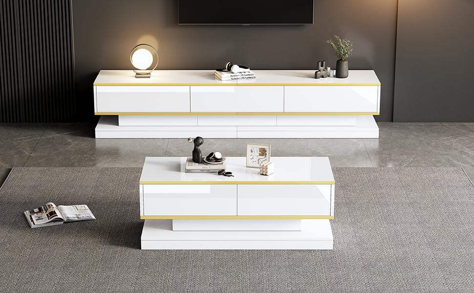 Set Moderno Bianco Lucido per Supporto TV e Tavolino, Console TV con 3 Cassetti, Tavolino con 2 Cassetti, Bordi Dorati, per il Salotto