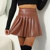 Women's High Waist PU Leather Pleated Mini Skirt Solid Color Casual Flared Skirt