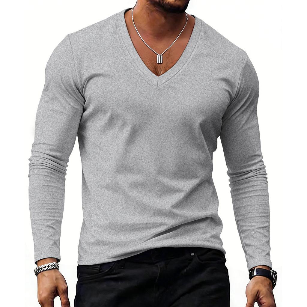 Casual sportief ondershirt voor heren, V-hals top met lange mouwen