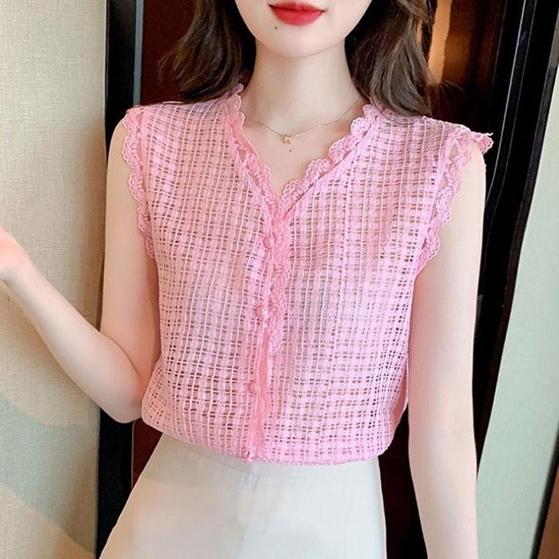 Sweet Solid Color V-Neck Lace Patchwork Shirt Fashion Button Hollow Out Women's Clothing Summer Commute Sleeveless Blouse