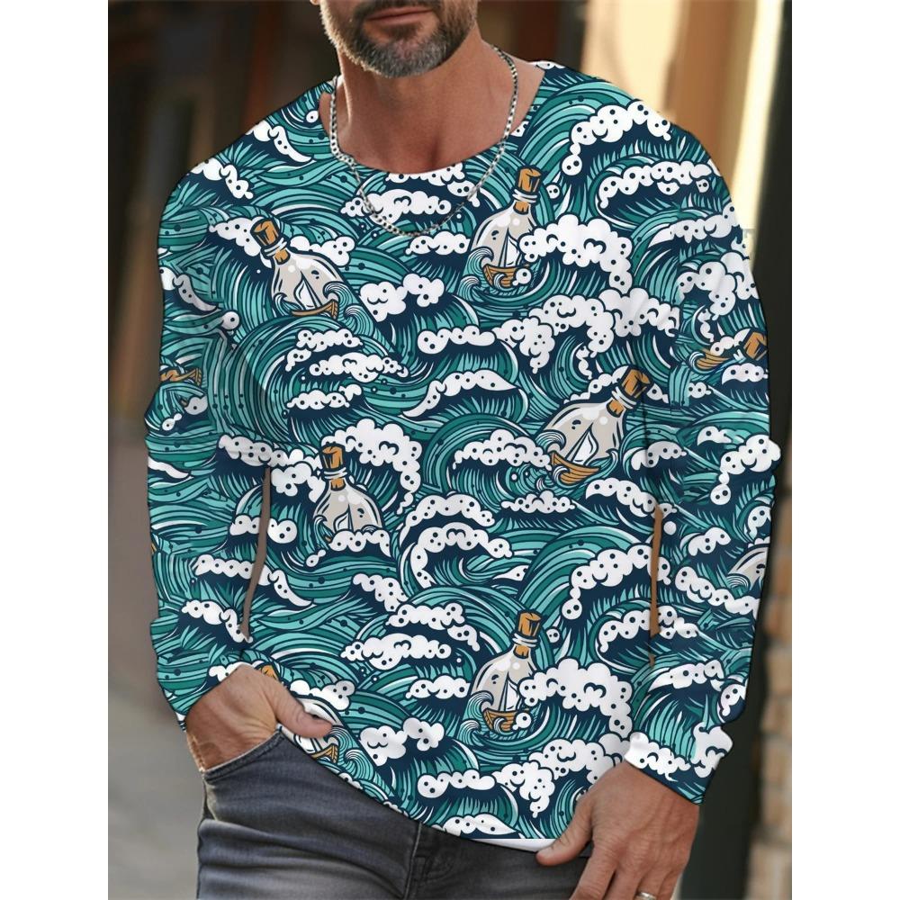 Spring and Autumn Round Neck 3D Ukiyoe  Printed Top Fashionable Casual Long Sleeved Men's T-shirts