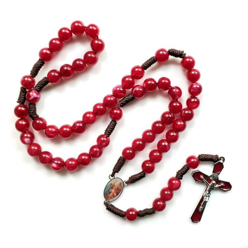 62KD 10mm Acrylic Bead Rosary Necklace Vintage Weave Catholic Religious for Cross Jesus Pendant Necklaces for Men Women