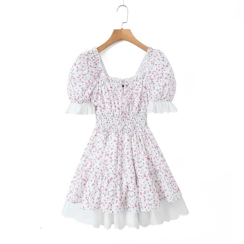 Europäischer und amerikanischer Urlaubsstil Französisches Retro-Blumenmuster Quadratischer Kragen Sexy Spitze Spleiß Elastische Taille Tutu-Kleid Kleid Damen