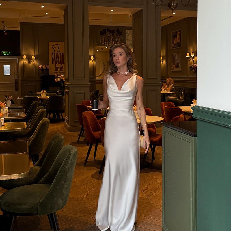 Women's Sleeveless Deep V Neck Draped Maxi Dress Solid White Elegant Casual Dress
