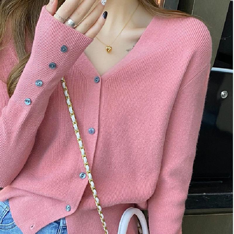 

Модные женские вязаные кардиганы с V-образным вырезом, куртки, весенне-осенний новый базовый свитер, тонкий, на пуговицах, свободный топ, однотонная свободная женская одежда One Size розовый