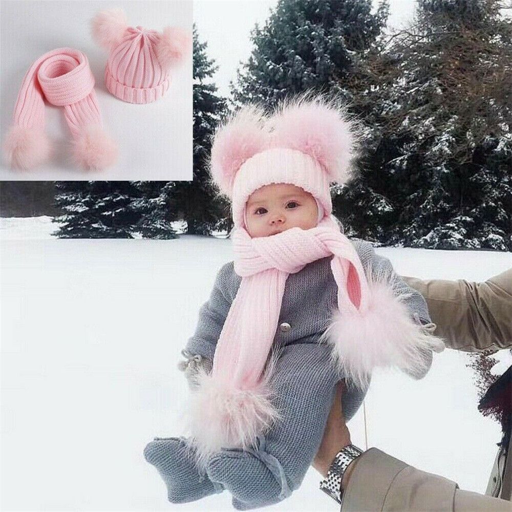 Winter Cute Pom Kids Knitted Hat Warm Bobble Hat Baby Beanie Cap