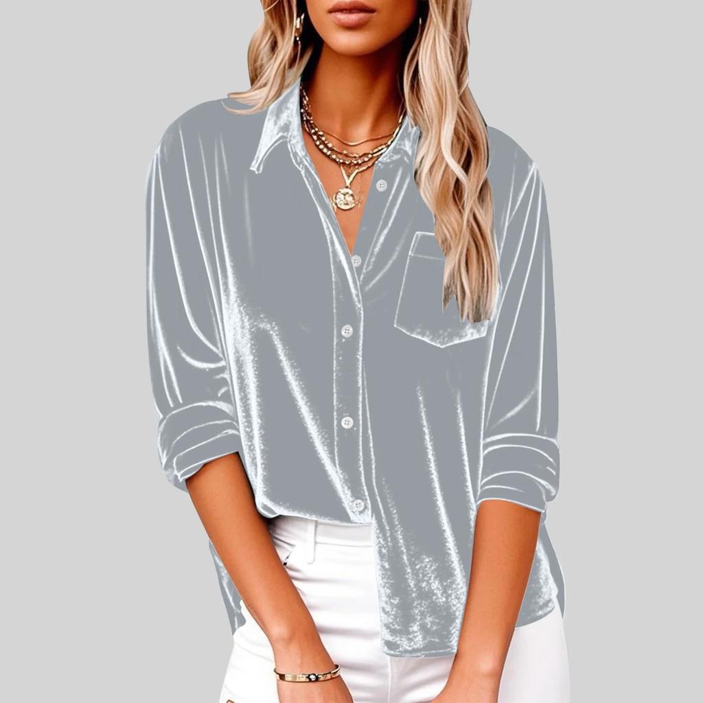 Damers Moderiktiga Lediga Långärmade Kragförsedda Sammet Med Fickor