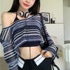 Y2k Aesthetic Women Basic T Shirts Female Hin Knitted Long Sleeve Striped Shirt See Hrough -shirt Lady Streetwear Top