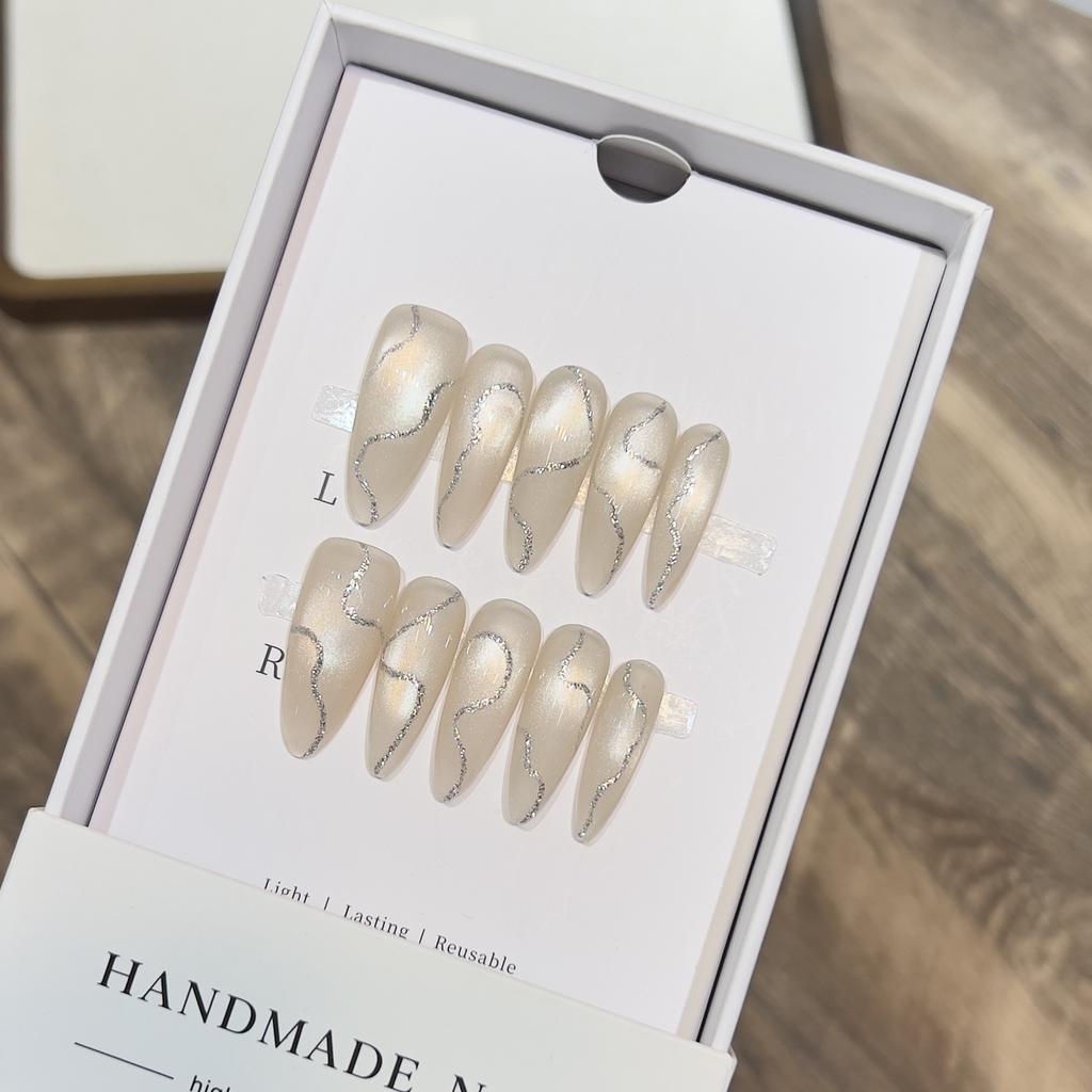 Silber Seide Einfach Katzenauge Tragen Rüstung Handgemacht Rein Nude Maniküre Abnehmbare Nägel