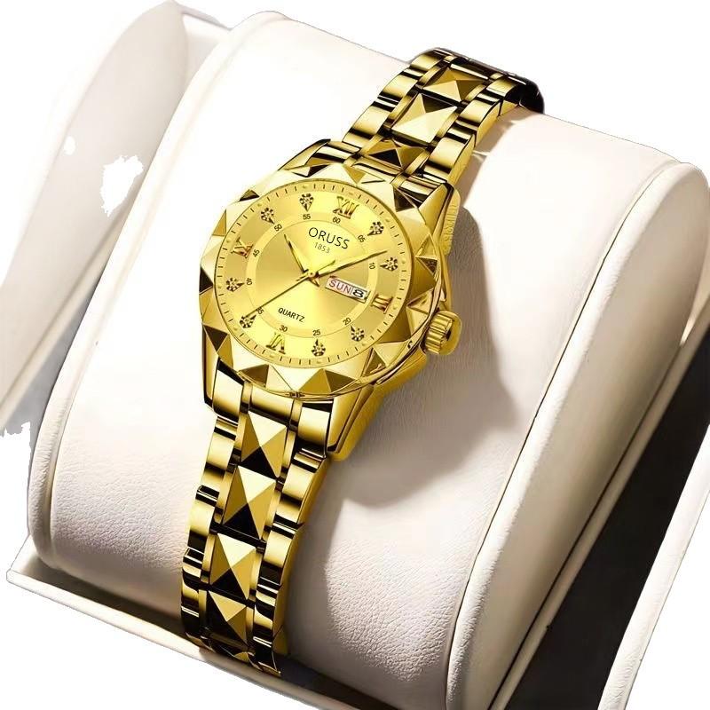 Women'S Fashion Rhombus Double Calendar Luminous Waterproof Quartz Watch Solid Belt