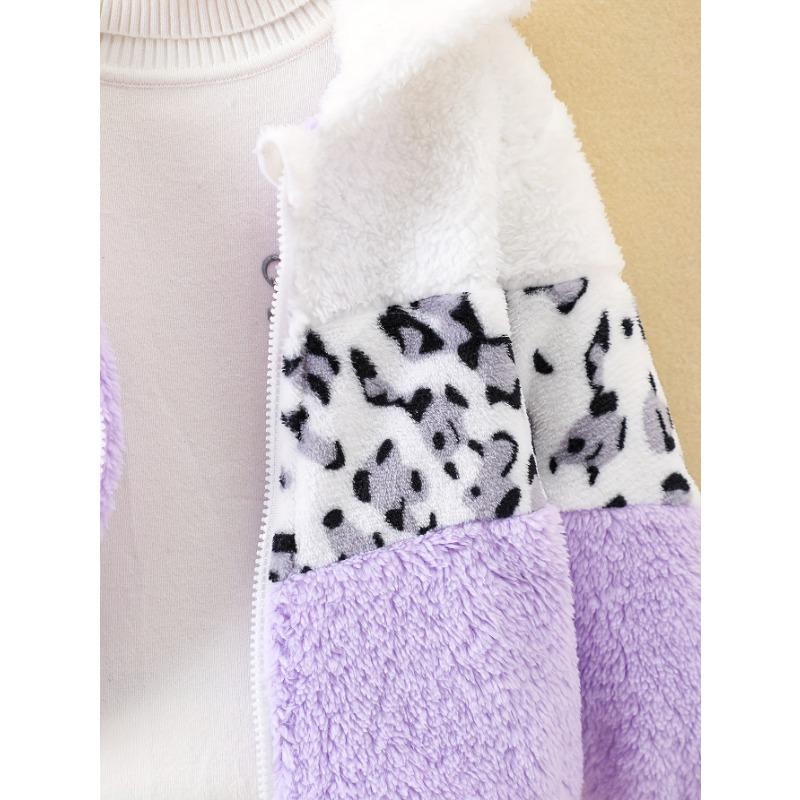 Cozy & Cute Girls' Leopard Print and Pink Fleece-Lined Zip-Up Hoodie Jacket - Warm, Thick Polyester Blend for Autumn/Winter, Long Sleeves,Casual Style
