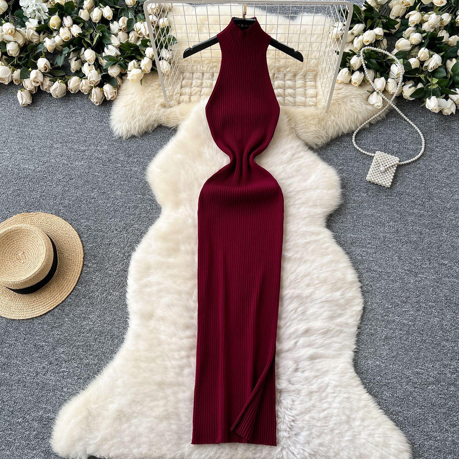 

Сексуальное трикотажное платье без рукавов с высоким воротом, женское эластичное облегающее платье с разрезом, длинное платье One size бордовый