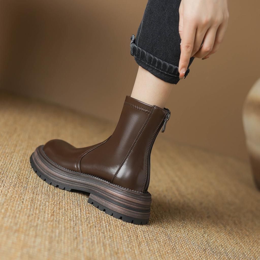Krazing Pot Microfiber Autumn Winter Shoes Thick High Heels Zipper Platform Size 43 Motorcycle Boots Brown Color Ankle Boots