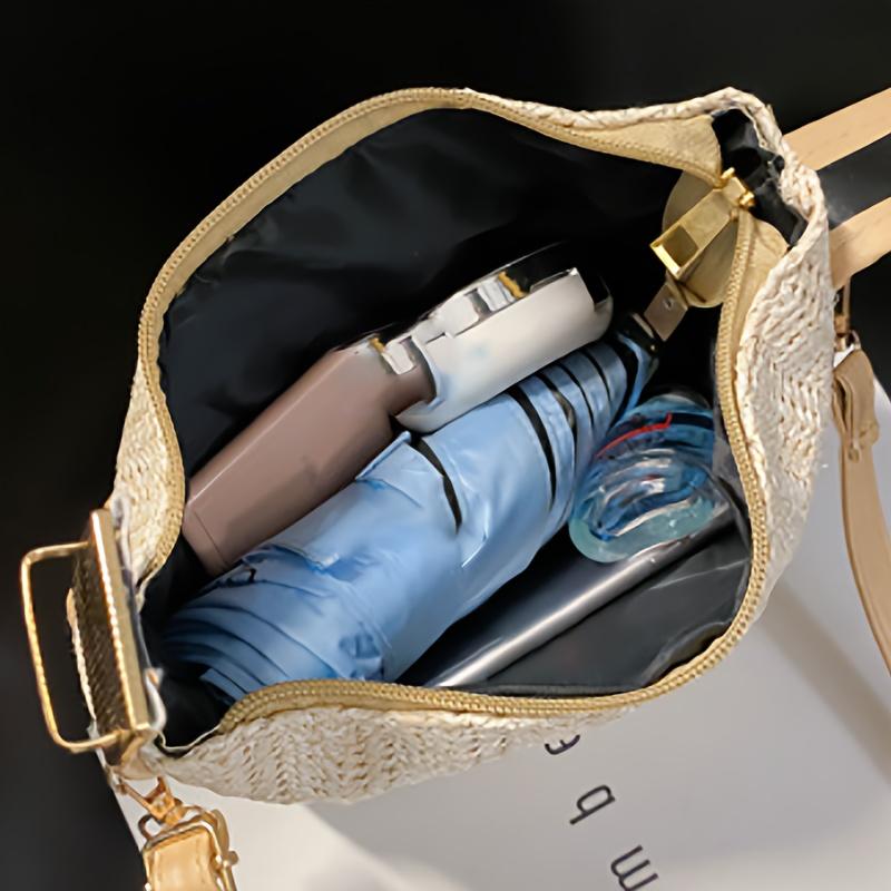 Straw-Textured Crossbody Bag for Women Small Square Pillow-Shaped Handbag with Zipper Closure Detachable Strap Vintage Handbag