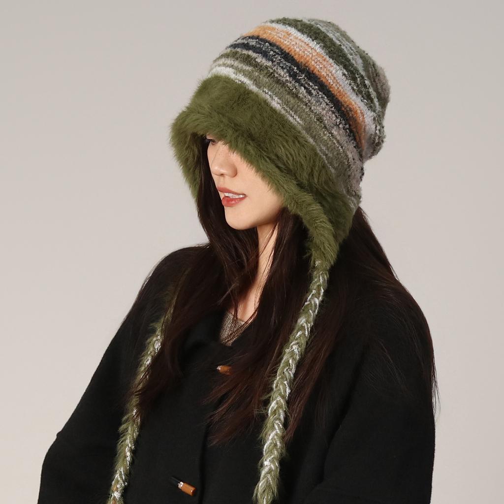 Spring and Autumn Original Plush Tassel Braid Big Head Circumference Knitted Baotou Hat Women