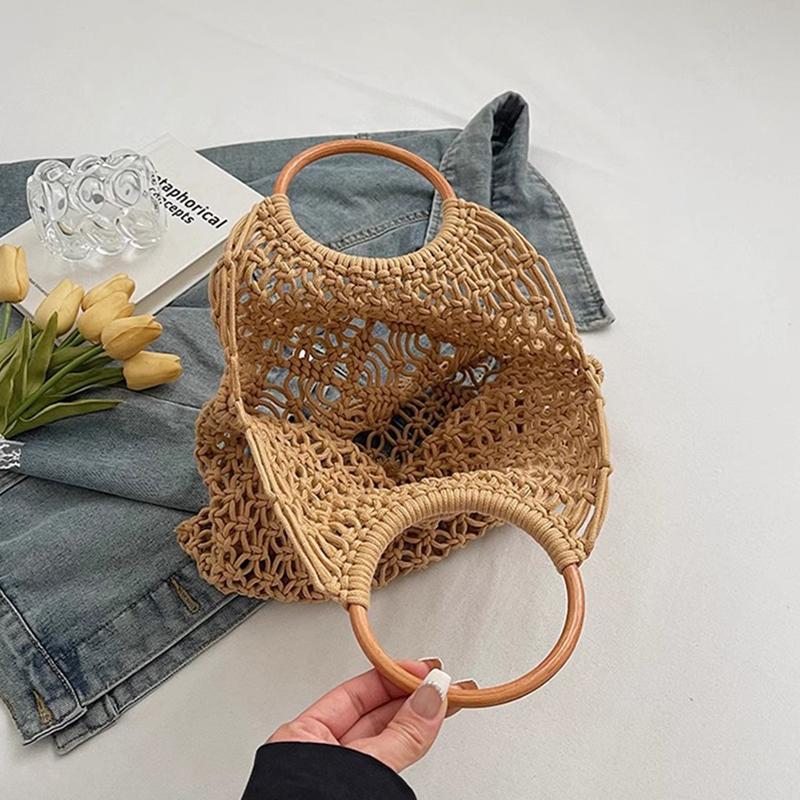 New Wooden Handle Rattan Handle Solid Color Hollow Handmade Cotton Rope Woven Bag Seaside Vacation Handbag Straw Bag