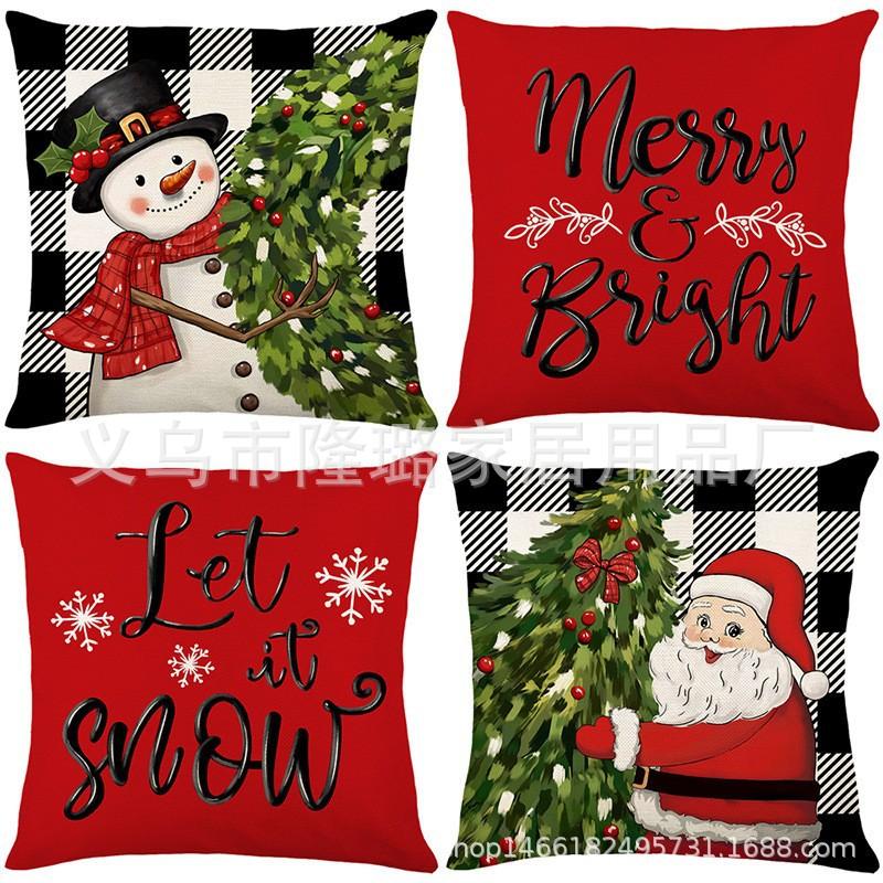 New Christmas Throw Pillow Cushion Home Decoration Short Plush Linen Printed Throw Pillow Cover