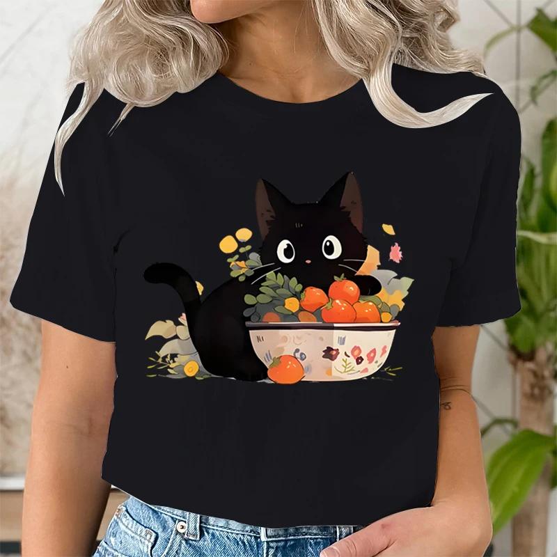 Женская футболка с принтом «Черная кошка и мандарин» — фото 7