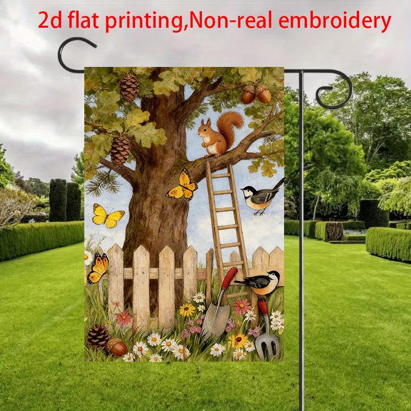 2D Flat - 2D Flat - 1pc, 2D Flat Printing, Squirrel Butterfly Garden Flag, Nature Pastoral Style Decor, Material, Multiple Sizes Available, Machine Wa