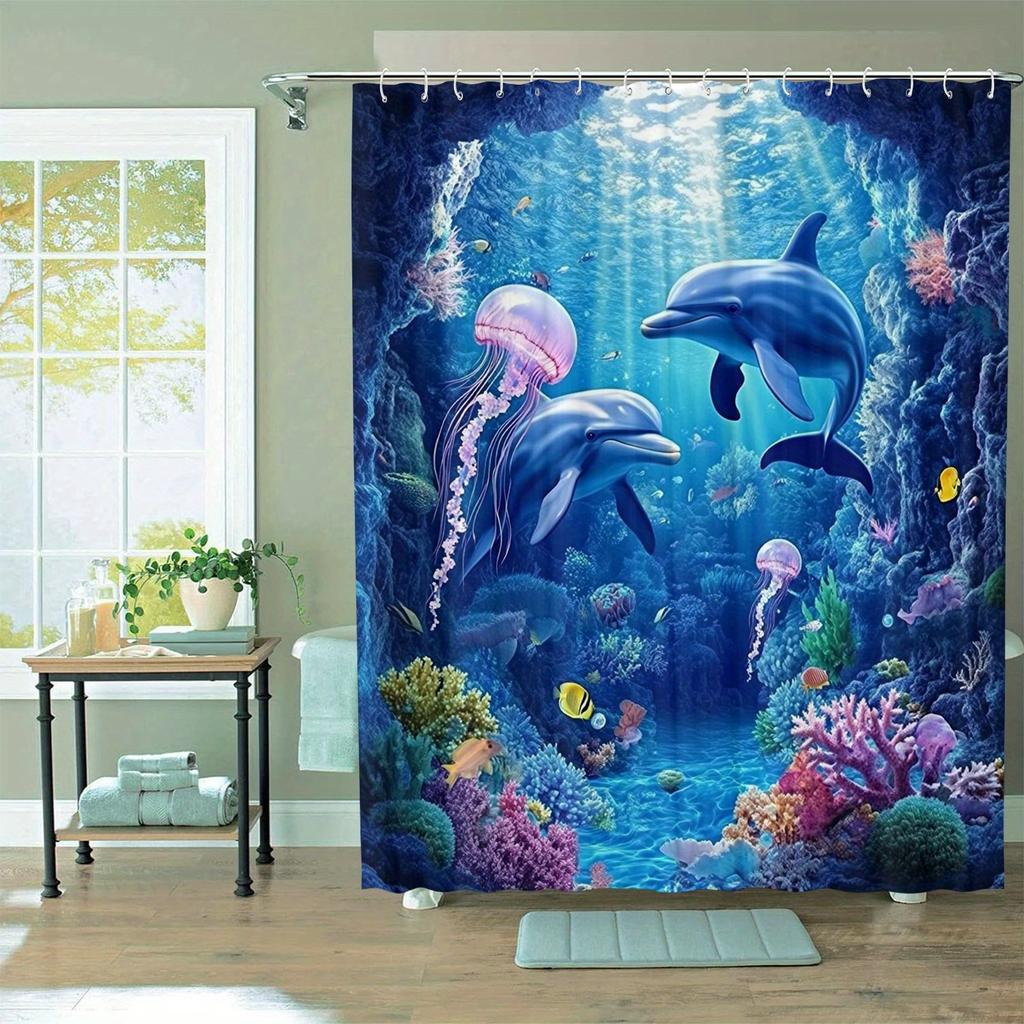 1pc Shower Curtain - Enchanted Underwater Scene with Dolphins, Jellyfish, and Colorful Coral Reef Design Waterproof