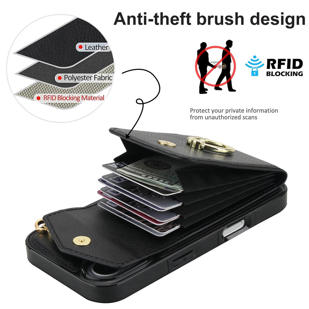 For iPhone 17 Case Leather + TPU Accordion Card Bag Phone Cover with Ring Kickstand