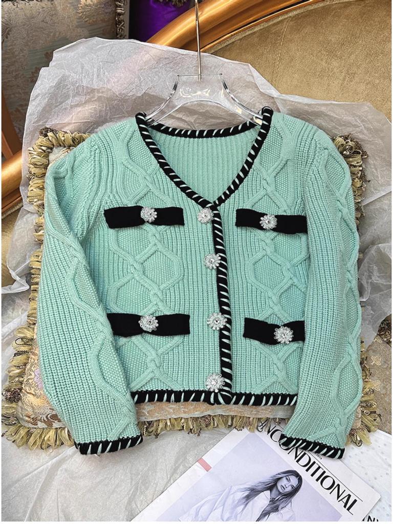 Zhang Yuanying Hvězdný Diamantový Knoflík Pletený Kardigan a Sukně Dvoudílný Set