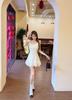 Women's summer new ruffle leaf edge small flying sleeves waist slim long skirt French first love white dress