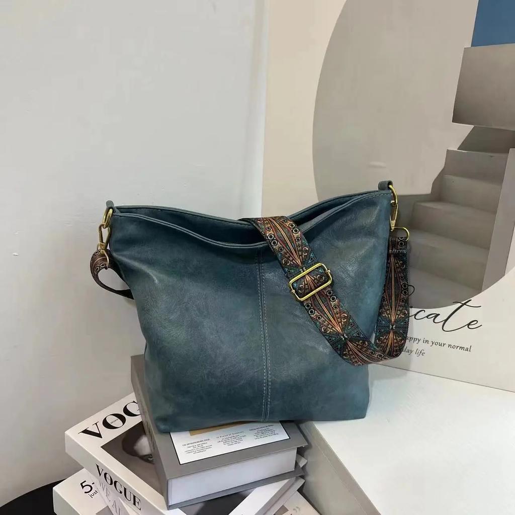 Wide Geometric Strap Shoulder Bag Large Capacity Crossbody Bags For Women Retro Pu Leather Women's Bag