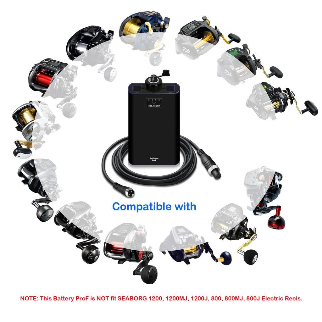 BatPower ProF 15000mAh electric fishing reel compatible with Tanacom Leobritz power assist Shimano ForceMaster Plays and Plemio power cord and reel