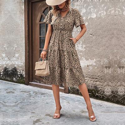 Summer Women Short Sleeve Leopard Print Dress V Neck Knee-Length
