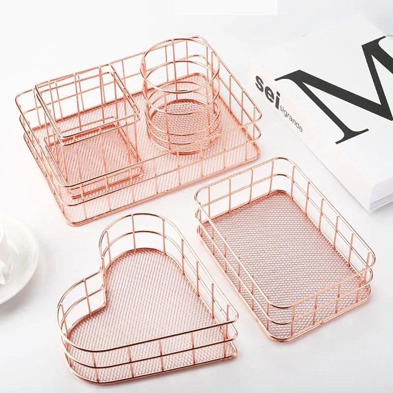 Nordic Iron storage Basket jewelry organizer Gold Office Desktop Sundries Makeup Brushes Holder Table Cosmetics Organizer Rack