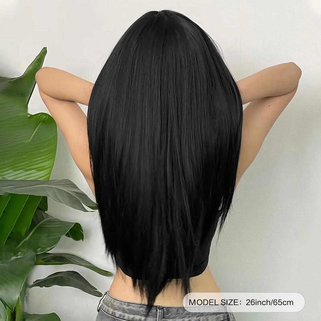 Black Synthetic Wig with Long Straight Hair - Halloween Cosplay Costume, Role-playing Party, High-temperature Hair Cap