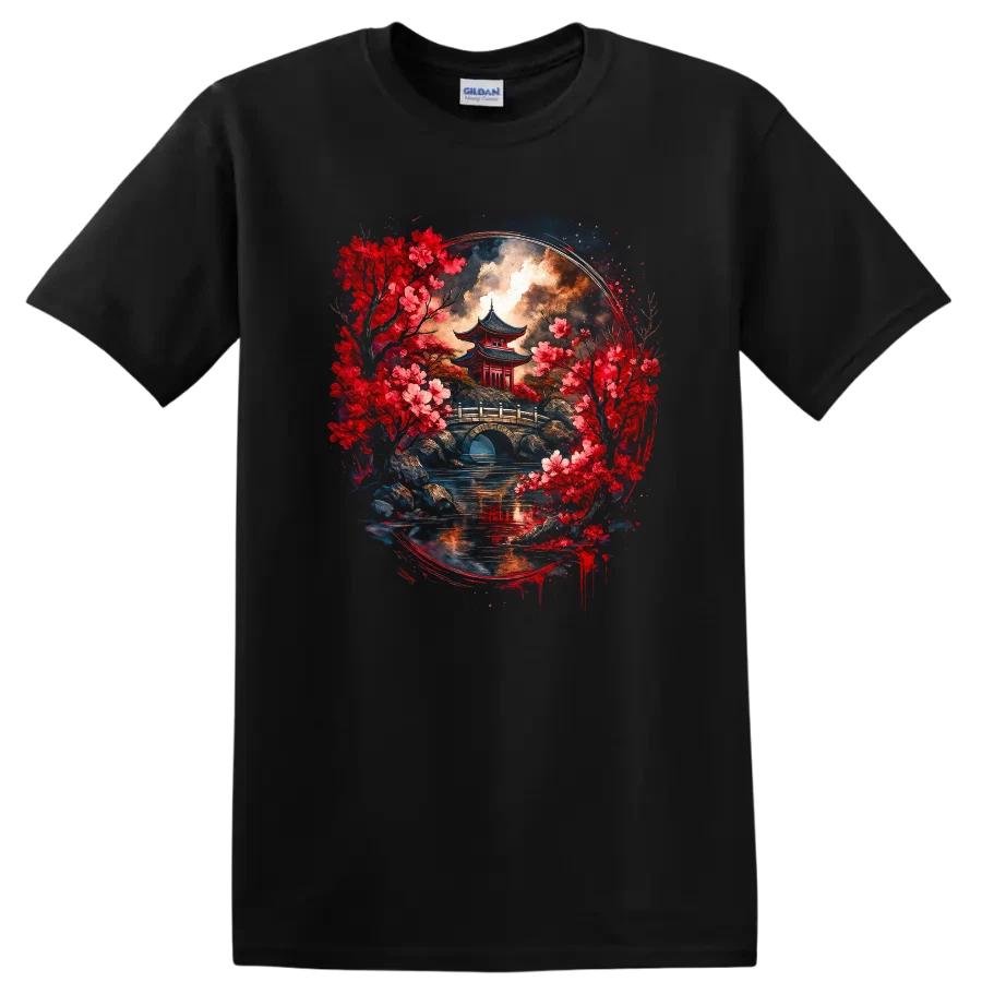 Japanese Style Pagoda Landscape T Shirt with Cherry Blossoms Tee Design Art