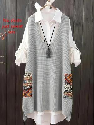 Plus Size Women's Korean Style Loose Sleeveless Sweater with Random Print and Pockets for Spring and Autumn
