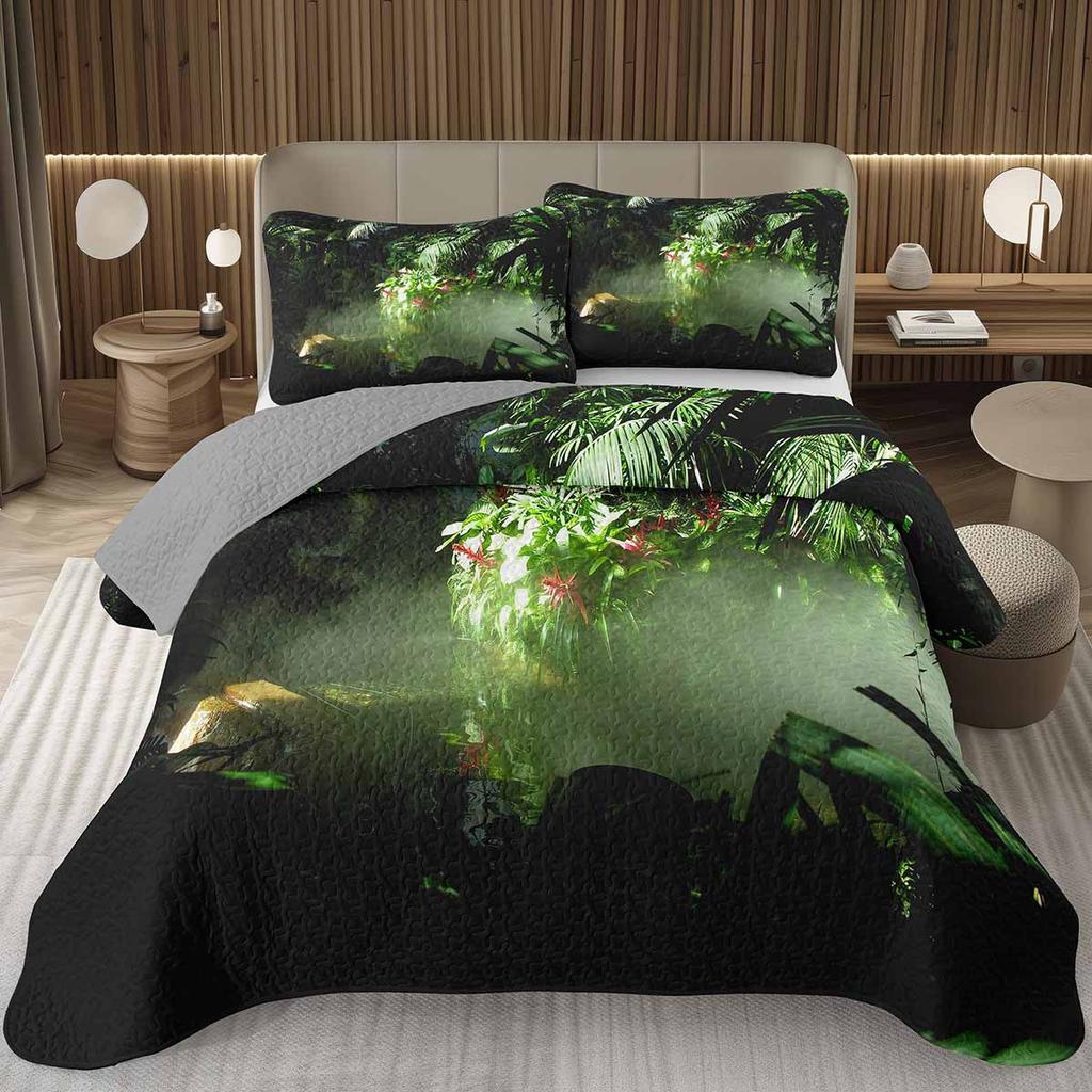 Forest Bedspread King/Full Magical Woodland Jungle Coverlet Set Dreamy Misty Scene Quilted Bedding Set Reversible Grey Bed Cover