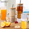 700ML Glasmugg Med Trälock Sugrör 1/2/4ST Genomskinlig Pärlemjölk Juice Förtjockad Glasmugg Dryckesvaror Kaffemugg