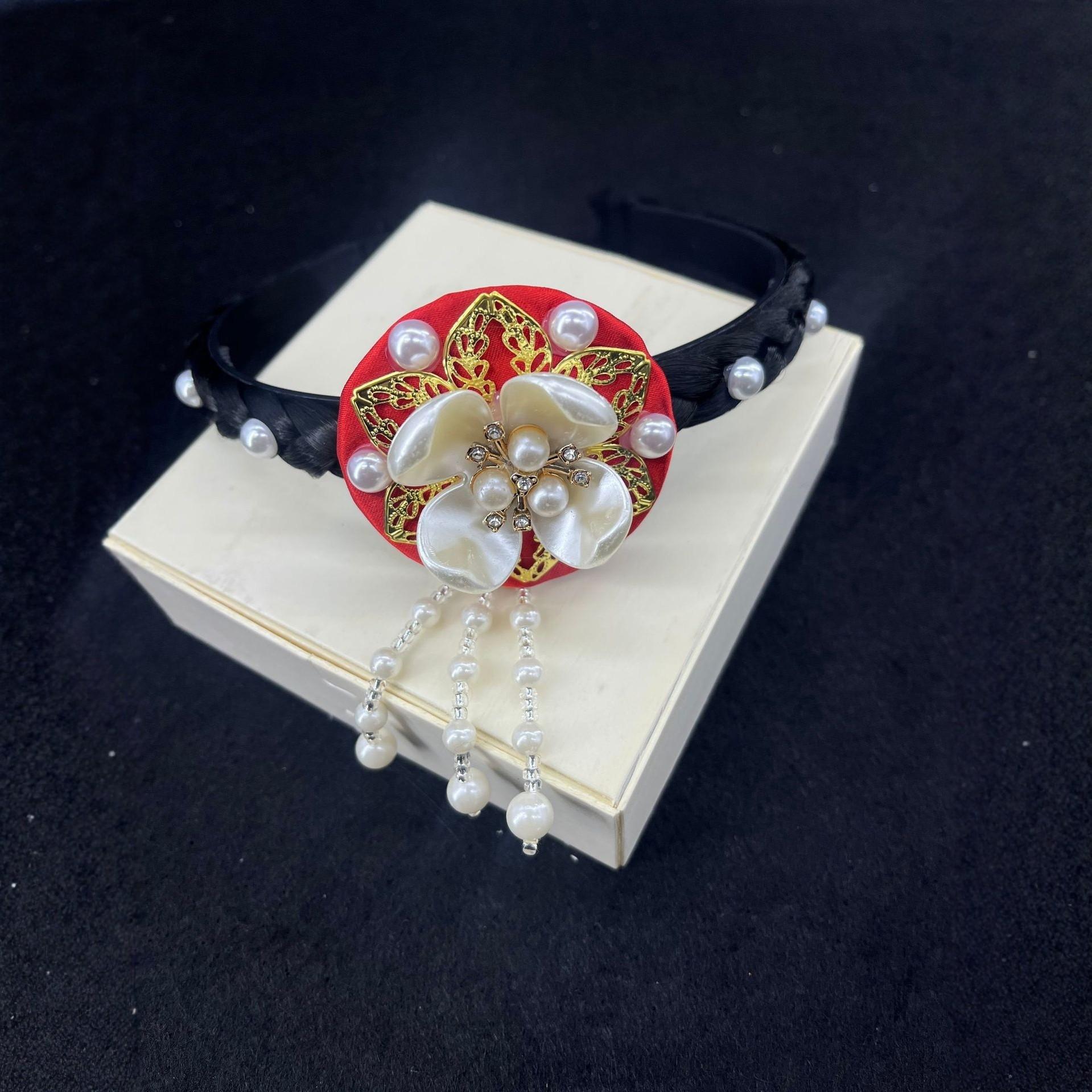 Hanbok Hair Hoop Pearl Korean Headband Ethnic Hairband Traditional Flower Pearl Beaded Headband For Children Photography Dance красный