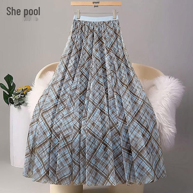 Shechi Women s Classic Plaid Rhinestone A-Line Skirt One Size синий кофейный клетчатый