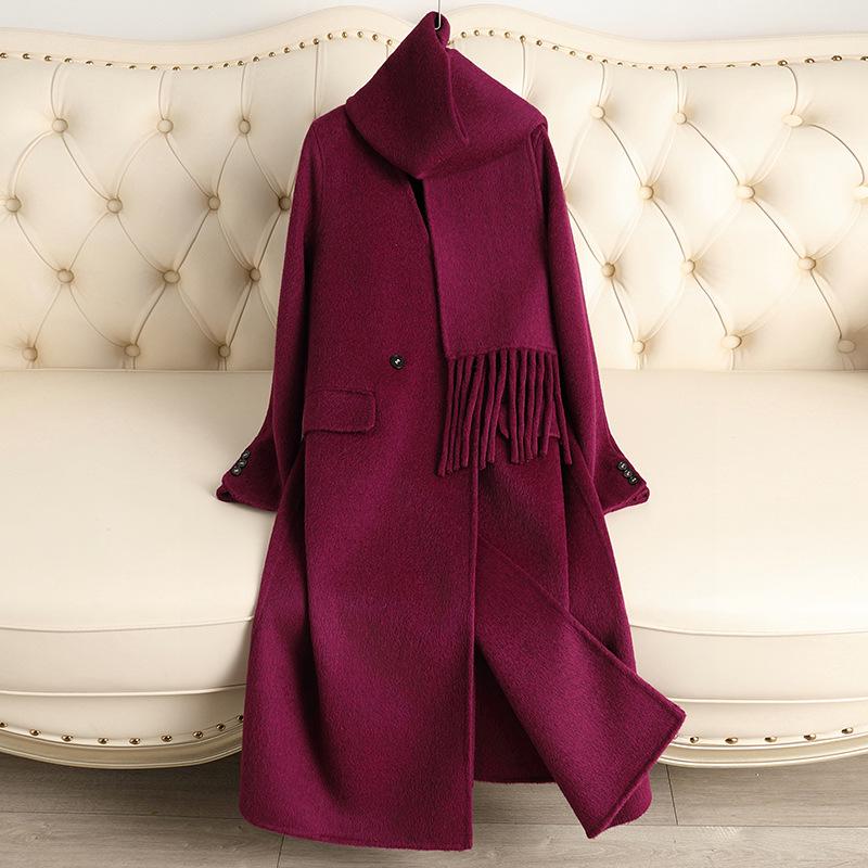 

Осень/Зима 2024 Высококачественное двустороннее кашемировое пальто с воротником-шарфом с бахромой Small