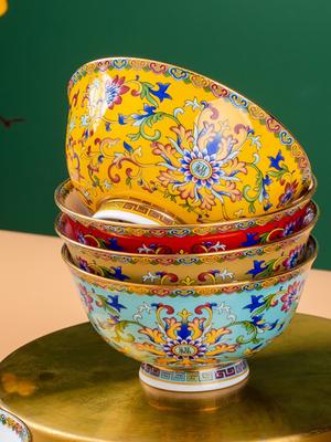 Tableware Ceramic Underglaze Gold Trim Round Household Rice Bowl Enamel Color Bone China Chinese CourtStyle RestaurantDecoration