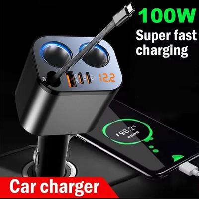 100W Car Charger with Retractable C Cable Phone Charger PD30W QC3.0 Fast Charging Power Adapter Dual USB with Voltage Display