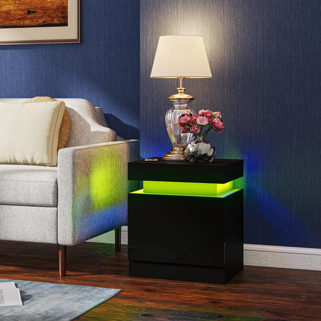 Black Bedside Table with LED Light, High Gloss Front Nightstand with 2 Drawers, for Living Room, Bedroom, Set of 2