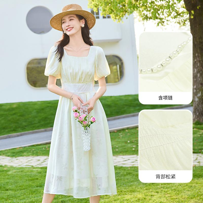 Goddess style French square collar printed waist cinching slimming and high-end pearl chain dress